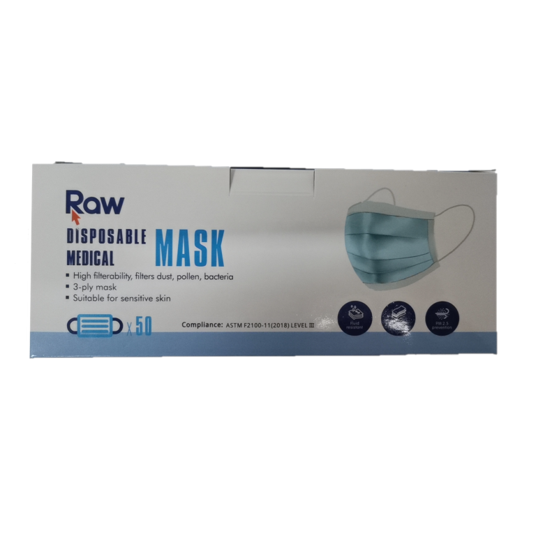 Level 3 - 3-ply Disposable Face Mask - Blue - Raw Brand - Pack of 50